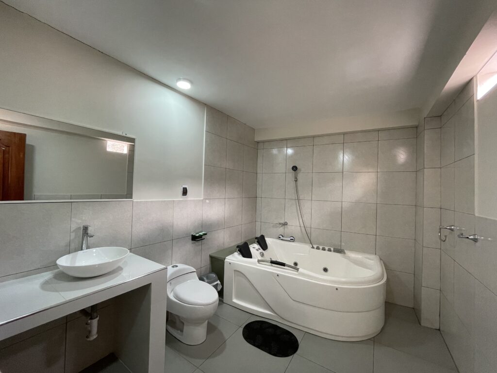 imagen del bano y jacuzzi de la habitacion suite